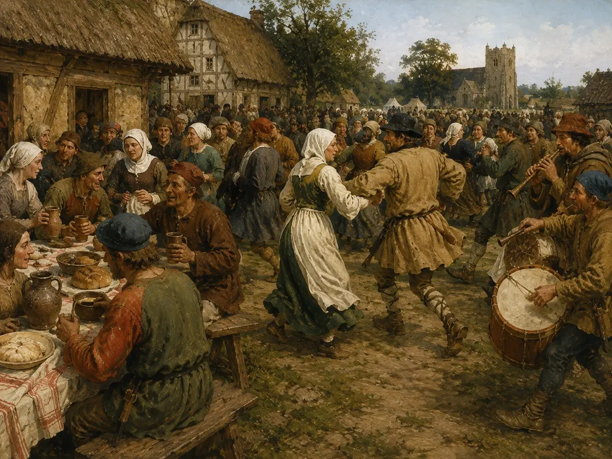 Medieval peasants sharing bread and ale while dancing to pipes and drums