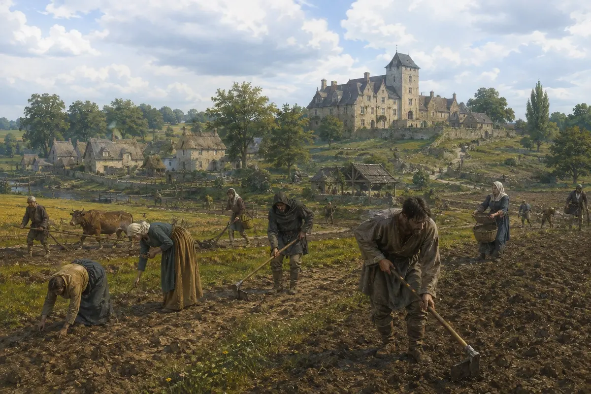 Medieval peasants working the fields surrounding a manor with simple hand tools