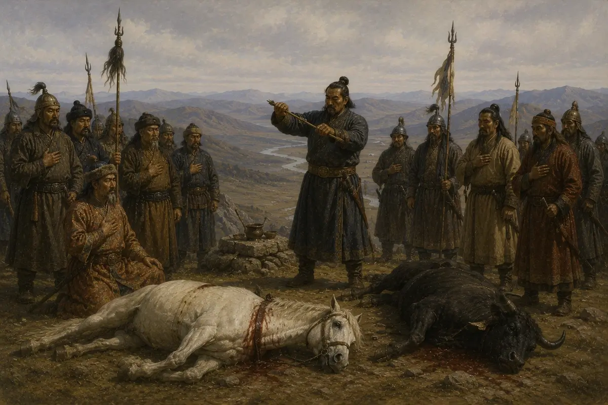 Men gathered on a bare hilltop around a sacrificed white horse and black ox, one of them snapping an arrow before witnesses