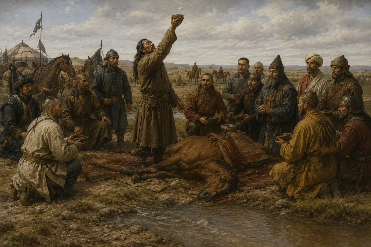 Men gathered on the bank of a muddy stream, one of them raising a cupped handful of water skyward beside a sacrificed horse