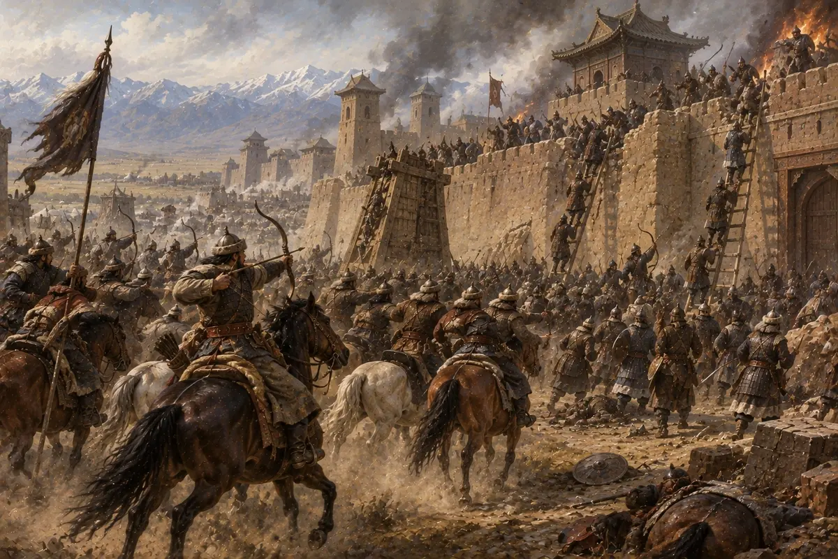 Mongol horsemen and foot troops overwhelming the walls of a small fortified town on the edge of the steppe