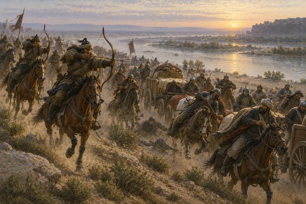 Mongol horsemen overtaking a strung-out column of riders and carts on an open riverbank at first light