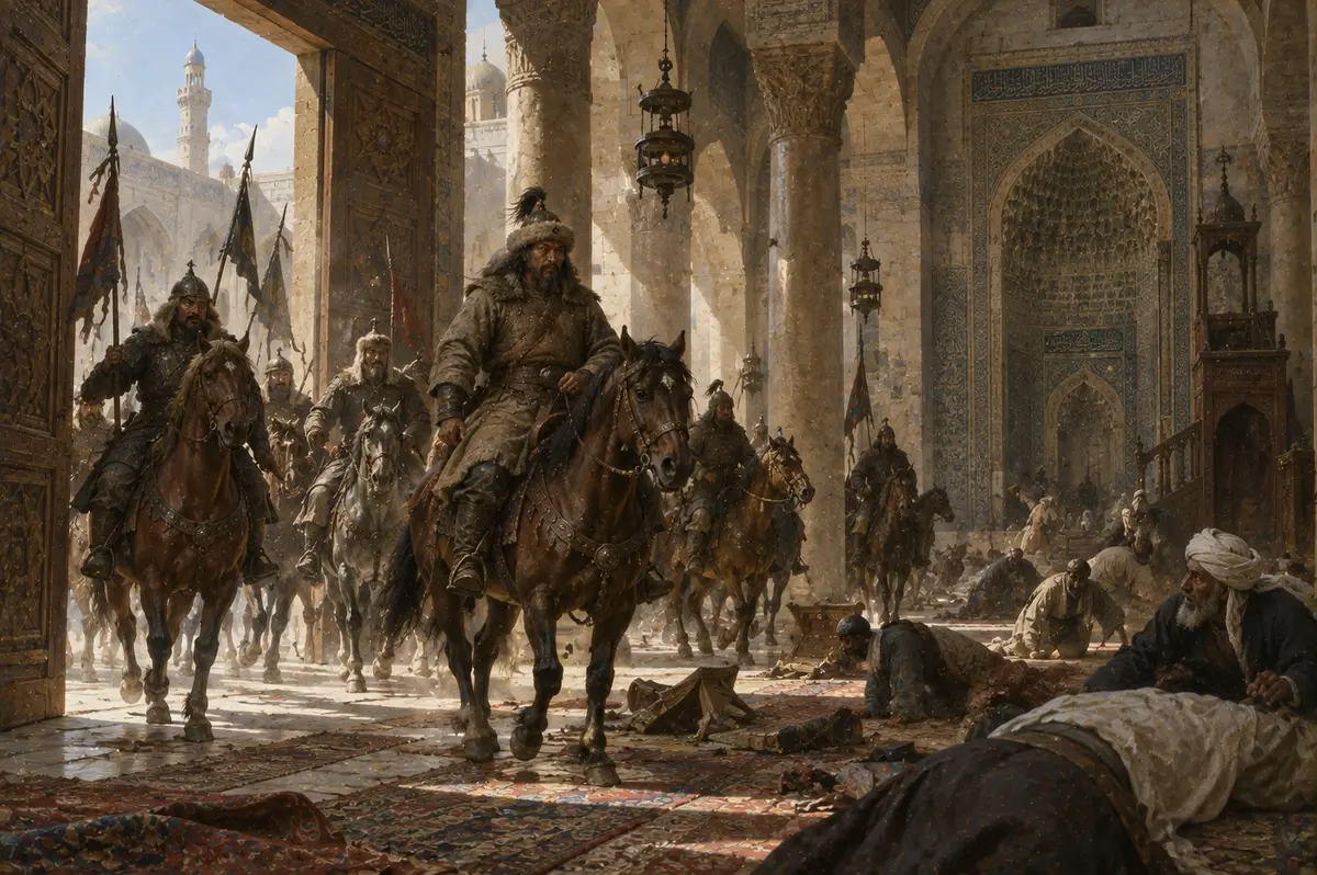 Mounted men riding in through the open doors of a great mosque, the hall's pillars and prayer niche behind them