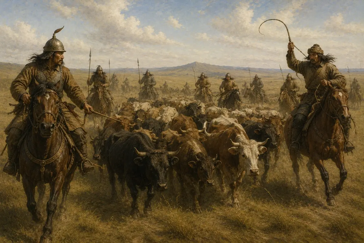 Mounted steppe warriors driving a captured herd of cattle across open grassland after a raid