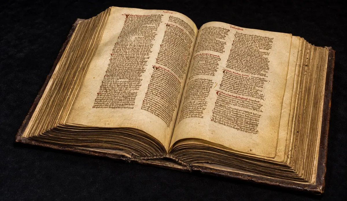 Open pages of the Domesday Book manuscript showing dense medieval Latin script