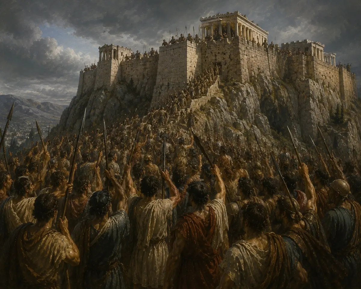 Ordinary Athenian citizens crowd the slopes of the Acropolis, besieging the Spartan garrison above them without any aristocratic leader.