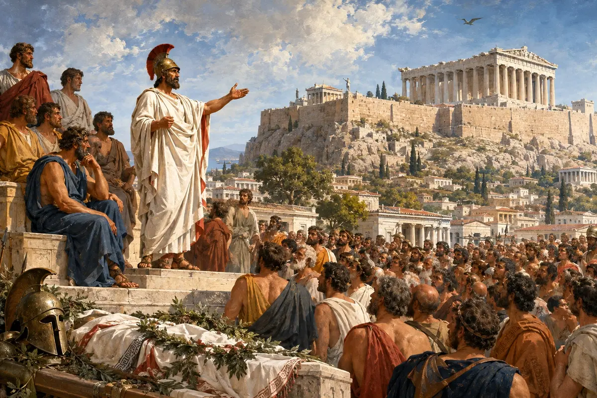 Pericles addresses the assembled citizens of Athens at the public funeral for the first war dead, the crowd stretching out before him.
