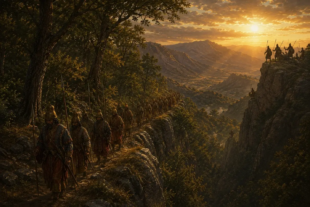 Persian Immortals move silently through oak forest on the Anopaea mountain path as dawn breaks over the ridge above.