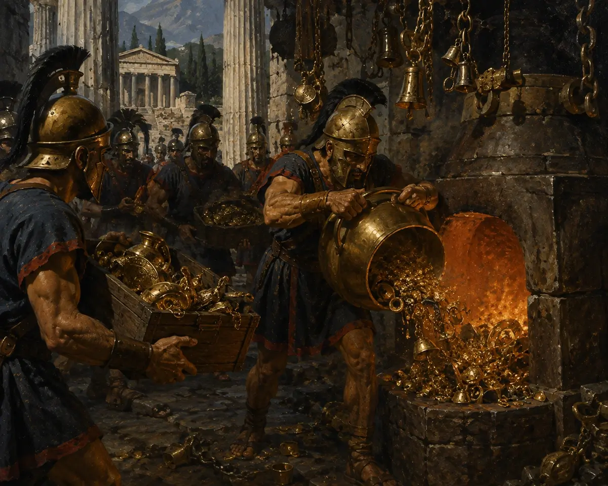 Phocian soldiers feed centuries of golden dedications into a furnace at Delphi to be struck into coin for mercenary wages.