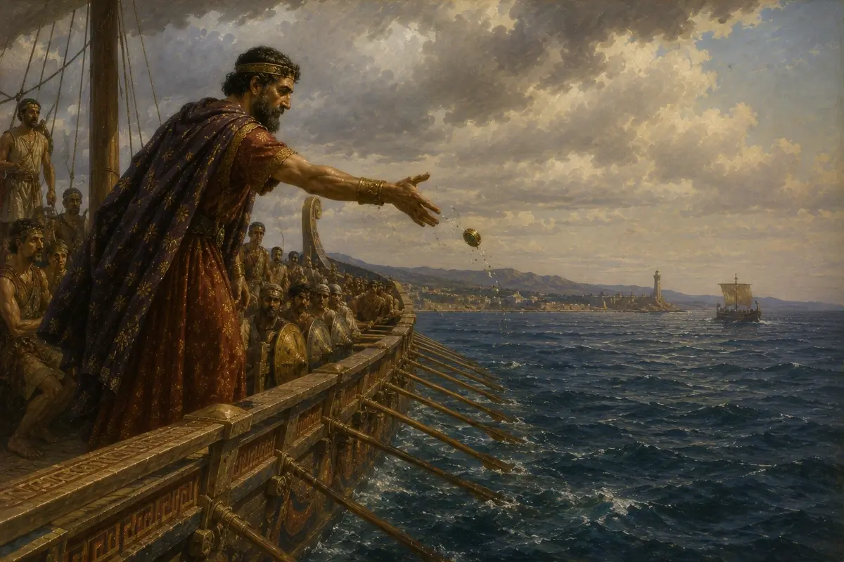 Polycrates stands at the rail of a fifty-oared ship in deep water and casts his emerald signet ring into the sea before his whole crew.