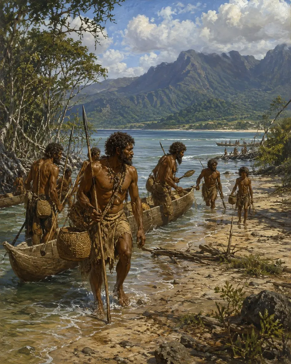 Prehistoric settlers arriving on the coast of ancient Sahul in simple watercraft.