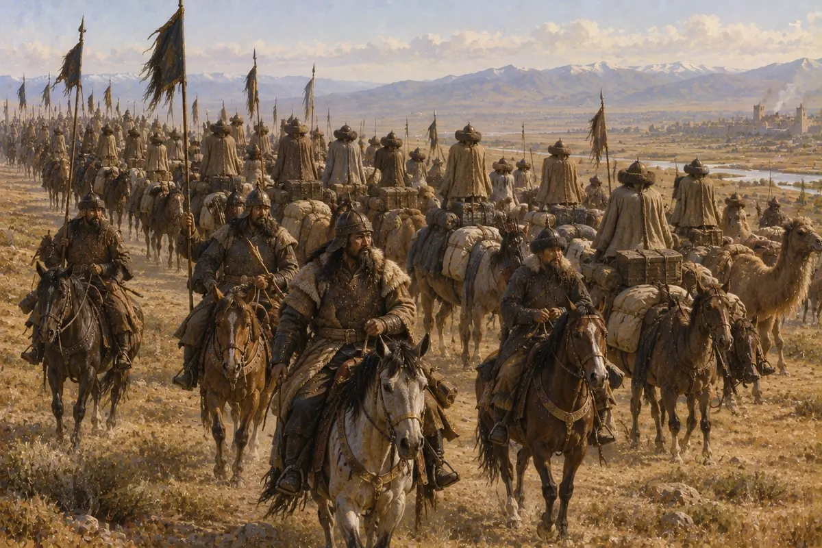 Ranks of stuffed felt caps and cloaks lashed upright onto baggage horses and camels behind a thin line of real cavalry
