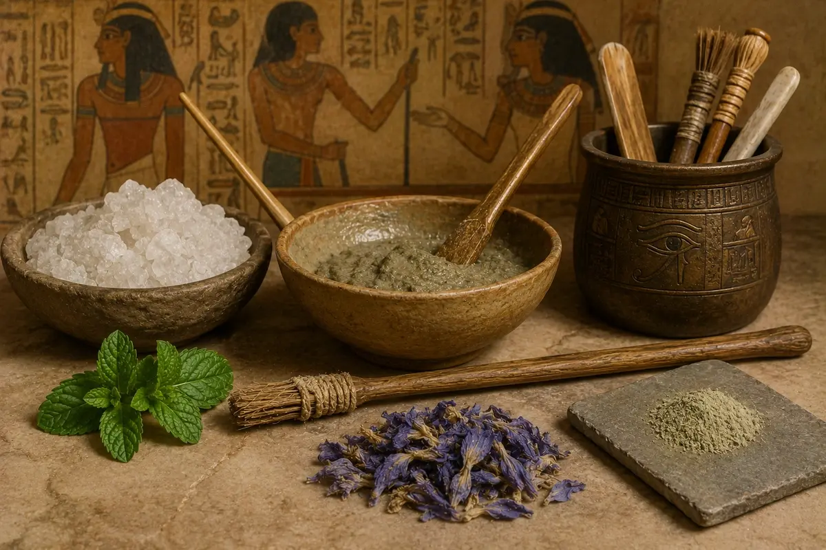 Reconstructed ancient Egyptian oral hygiene tools and toothpaste ingredients such as rock salt, mint, and dried iris flowers