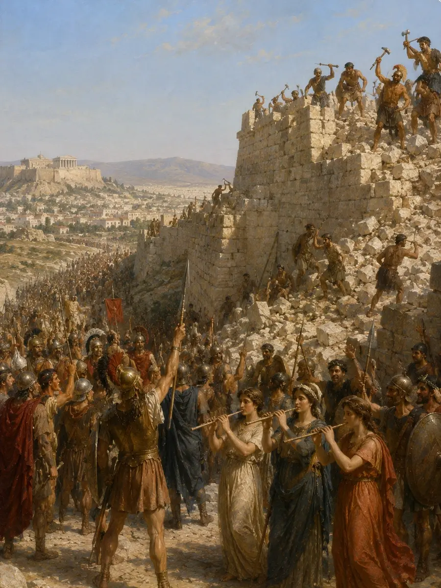 Returning Messenian families walk toward the new walls of Messene below Mount Ithome, coming home to a country most had never seen.