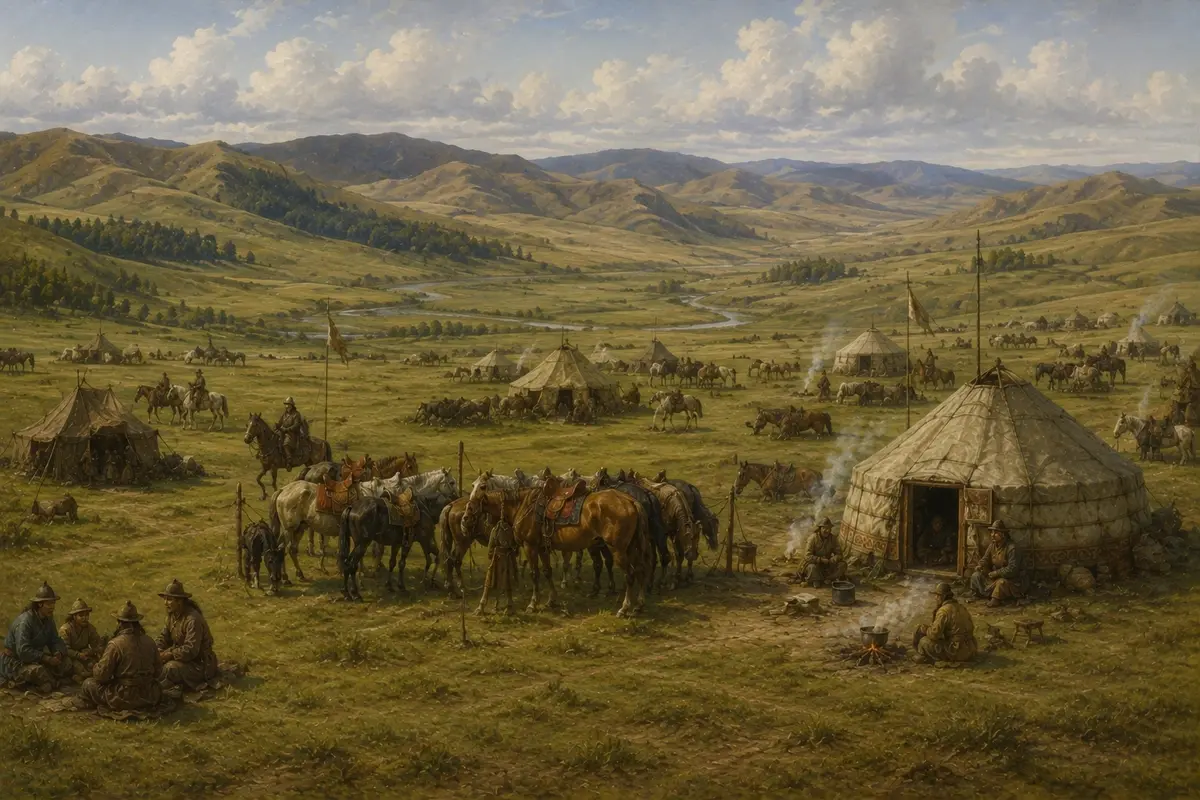 Rolling grassland and low ridges in central Mongolia with a scattered encampment of tents and horse lines