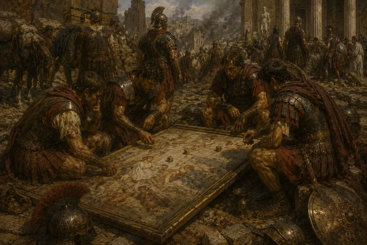 Roman soldiers crouch over a priceless looted panel painting laid flat on the ground, using it as a board for a dice game.