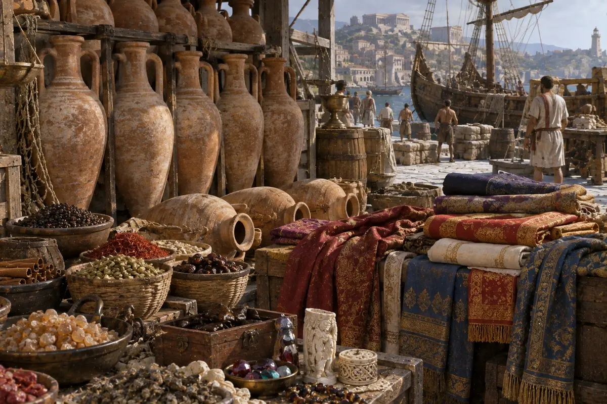 Roman storage amphorae stacked beside bowls of whole spices and folded lengths of fine coloured cloth