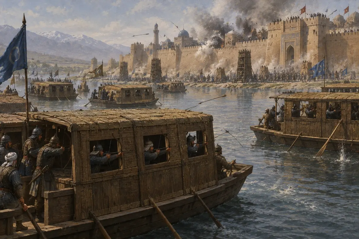 Roofed flat-bottomed boats with port-holes for archers stationed on a river beside a besieged city