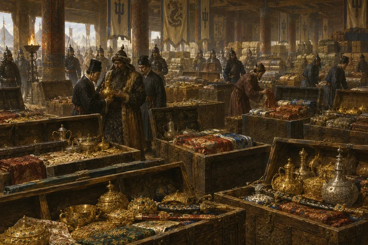 Rows of large chests standing open in a store, packed with gold and silver vessels, folded silks and jewelled weapons