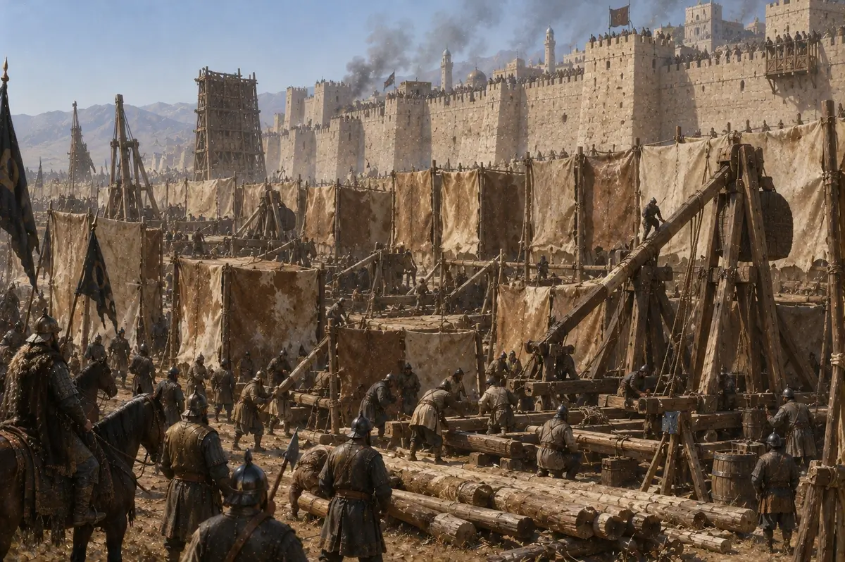 Rows of timber siege engines being assembled below a city wall behind screens and frames draped in raw hides