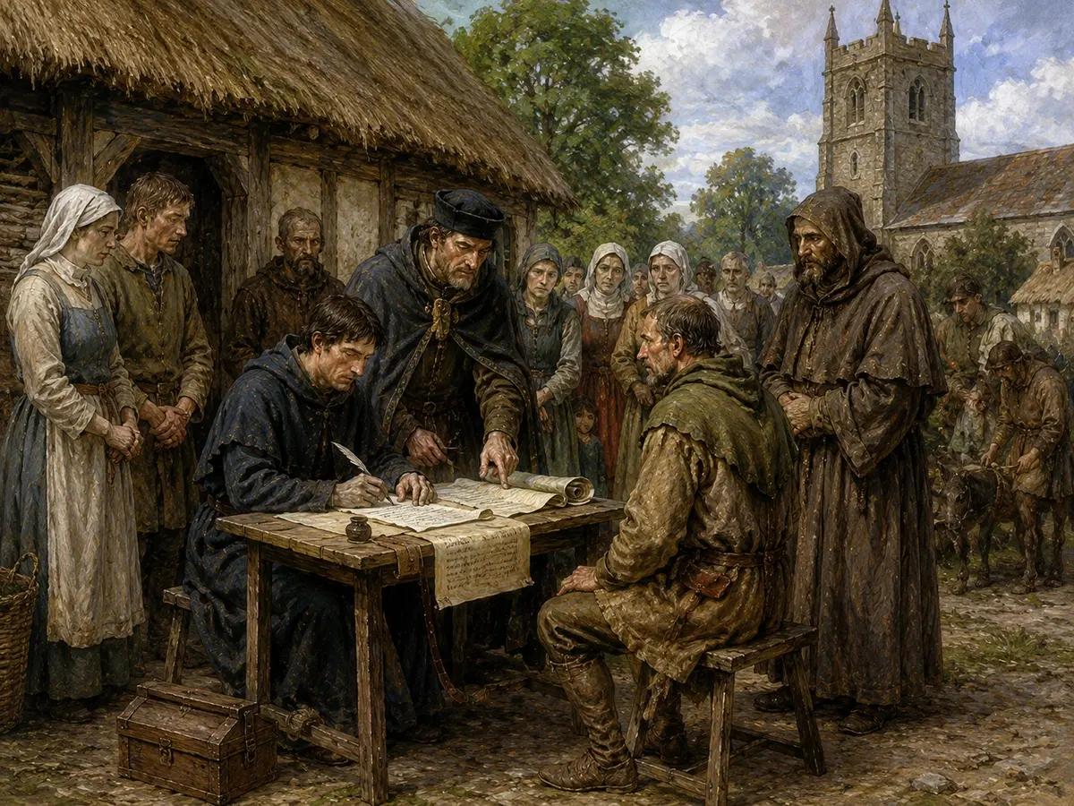 Royal inspectors questioning villagers and recording details during a medieval land survey