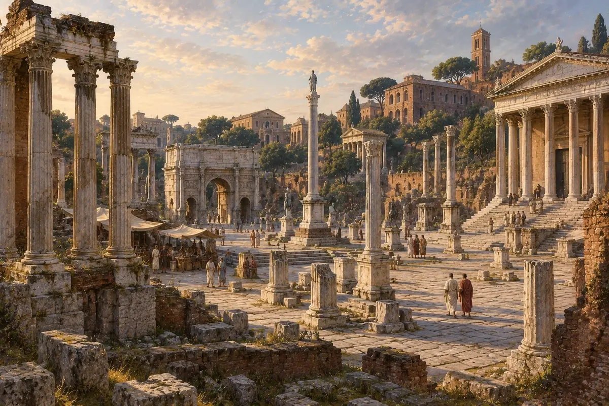Ruins of a Roman forum with standing columns, paved open square and the outlines of surrounding public buildings