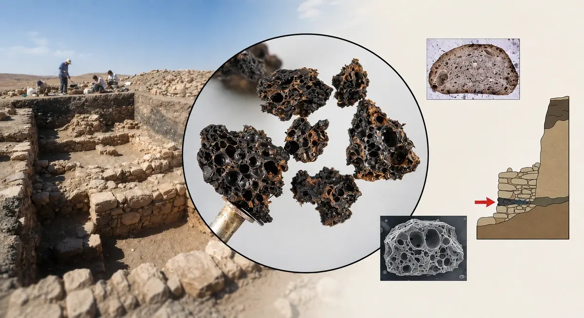 Small blackened fragment of charred flatbread recovered from an ancient stone-lined fireplace
