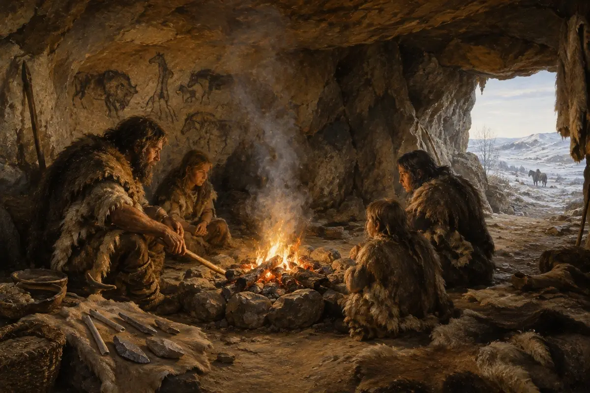 Small fire burning inside a stone-ringed hearth near the mouth of a rock shelter