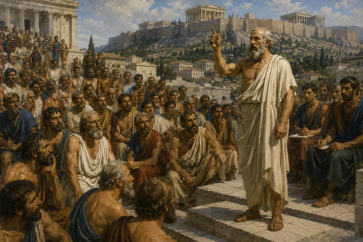 Socrates stands before the jury of five hundred Athenians, speaking without pleading, declining to bring his family to weep.