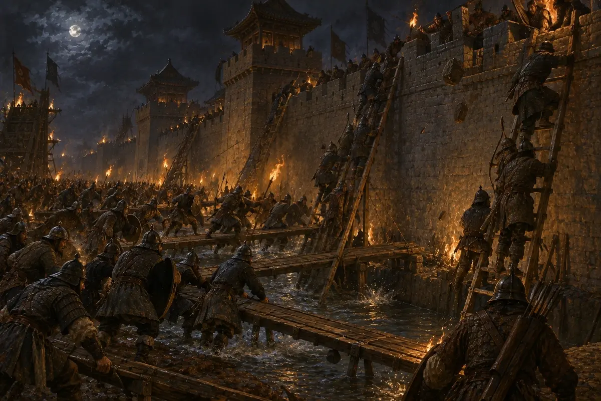 Soldiers throwing light bridges over a water-filled ditch and climbing ladders against a city wall at night