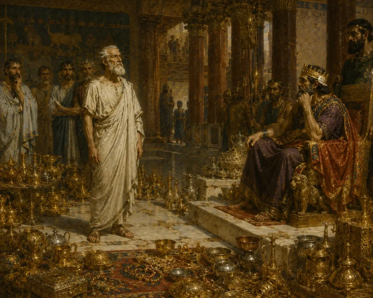 Solon stands unmoved among the laid-out treasures of Croesus at Sardis while the king waits for the answer he expects.
