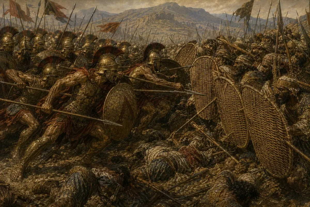 Spartan hoplites in bronze armour smash through the Persian wall of wicker shields at Plataea and close to spear range.
