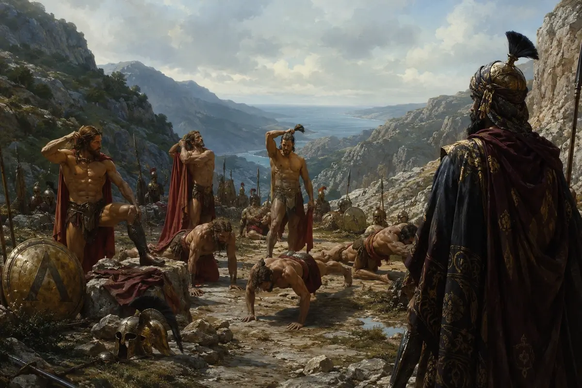Spartan warriors exercise calmly and comb their hair at the pass, as a Persian scout watches from a distance.