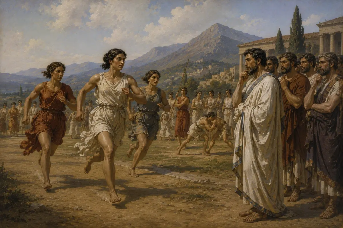 Spartan women run and exercise publicly in the open air, to the visible astonishment of visiting Greeks from other cities.