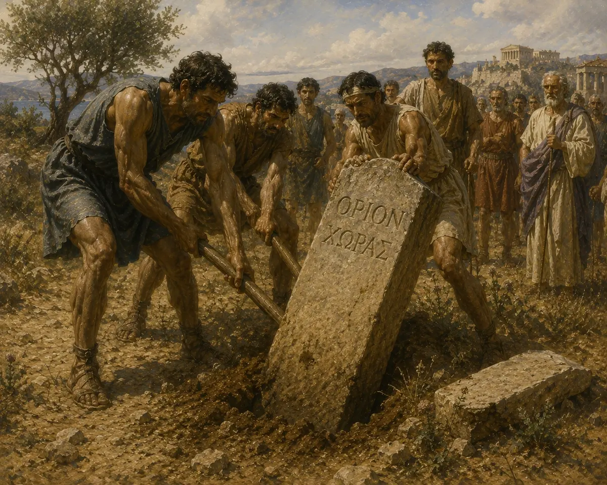 Stone horoi markers are levered out of the earth of an Attic field, freeing the land they had recorded as encumbered.