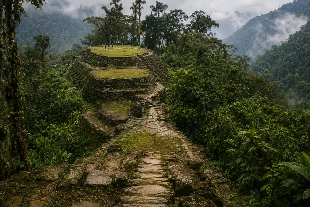Stone terraces and moss-covered steps of Ciudad Perdida, the Tairona Lost City hidden in the Colombian jungle