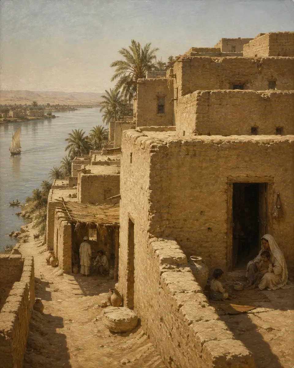 Sun-dried mudbrick houses along the Nile River representing ancient Egyptian domestic architecture