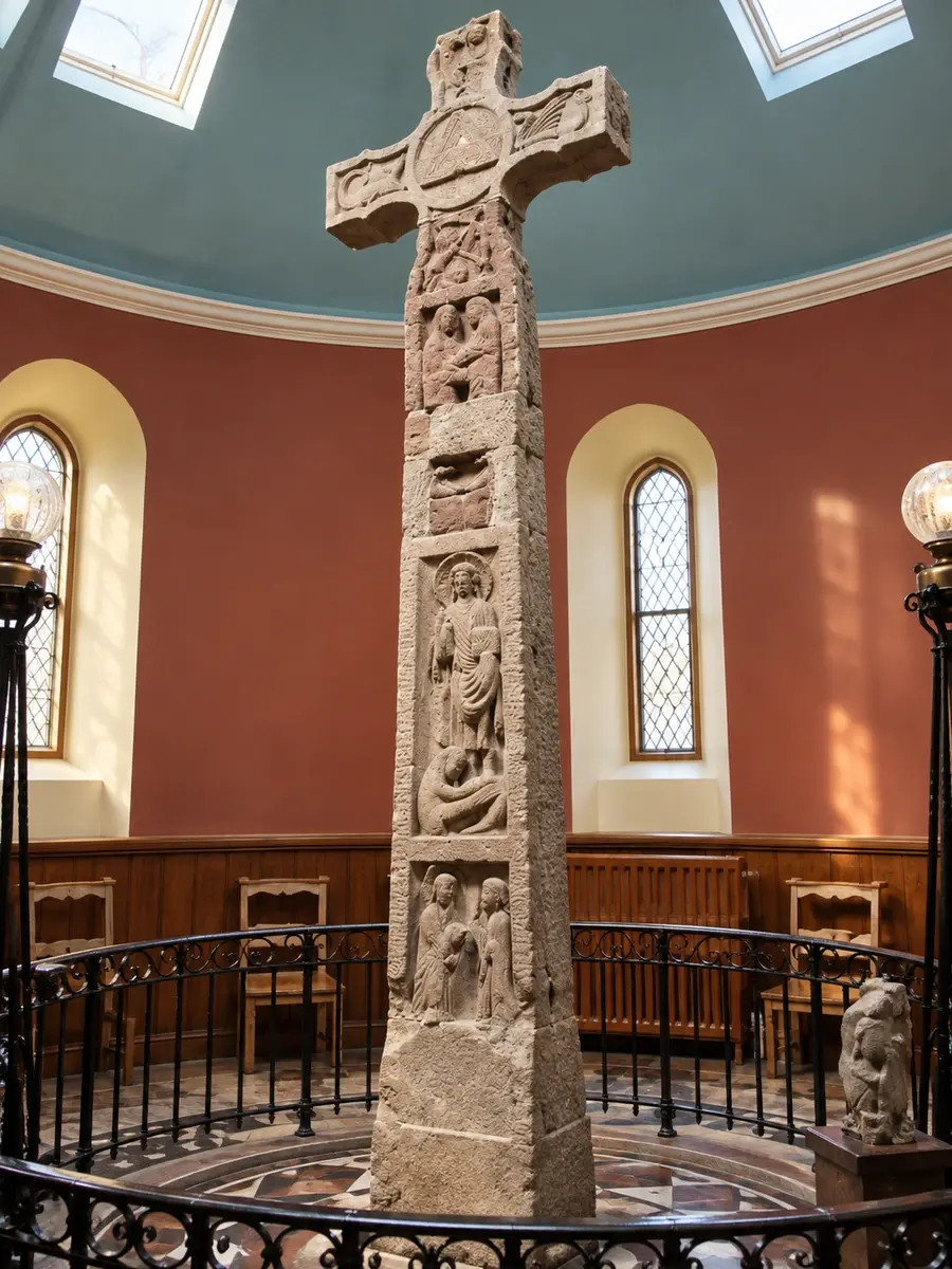 Tall carved Anglo-Saxon stone cross with figural panels and a runic inscription running along its border
