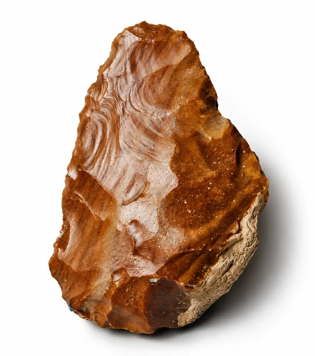 Teardrop-shaped stone hand axe flaked on both faces, held against a plain background