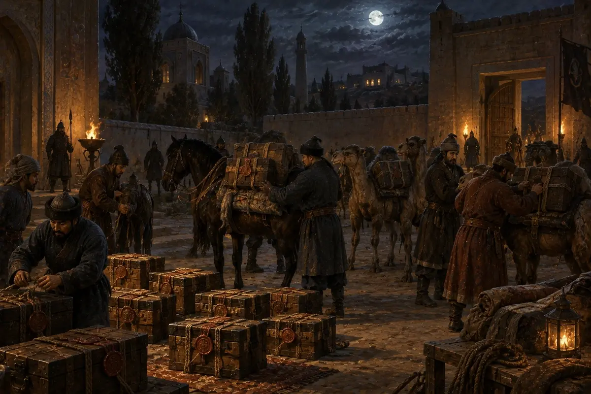 Ten small chests bearing wax seals being roped onto pack animals in a courtyard at night by a handful of men