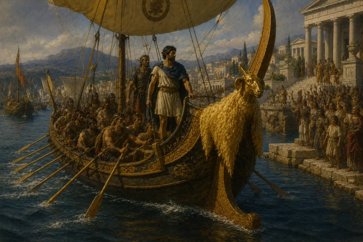 The Argo rows into the harbour at Iolcus with the Golden Fleece gleaming at the prow, the surviving crew at the oars.