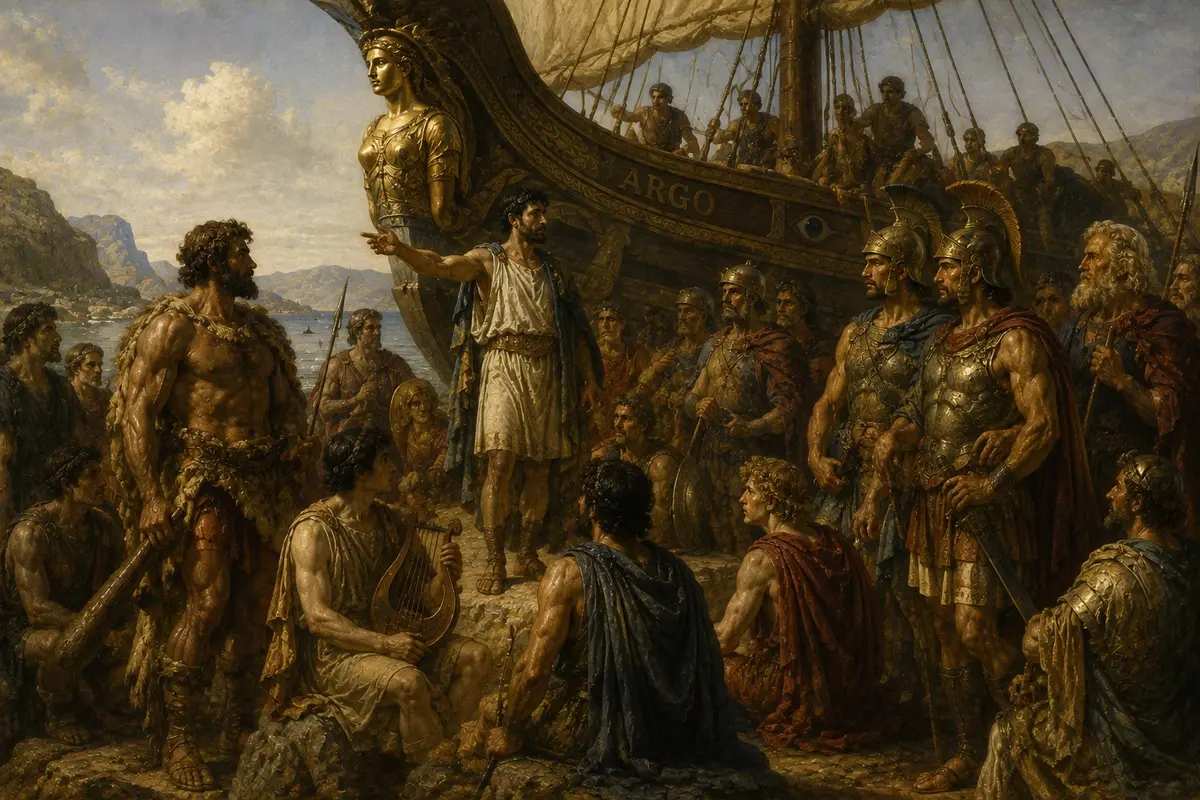 The Argonauts gather at the ship Argo before departure — Heracles, Orpheus, Castor and Pollux among the famous faces.
