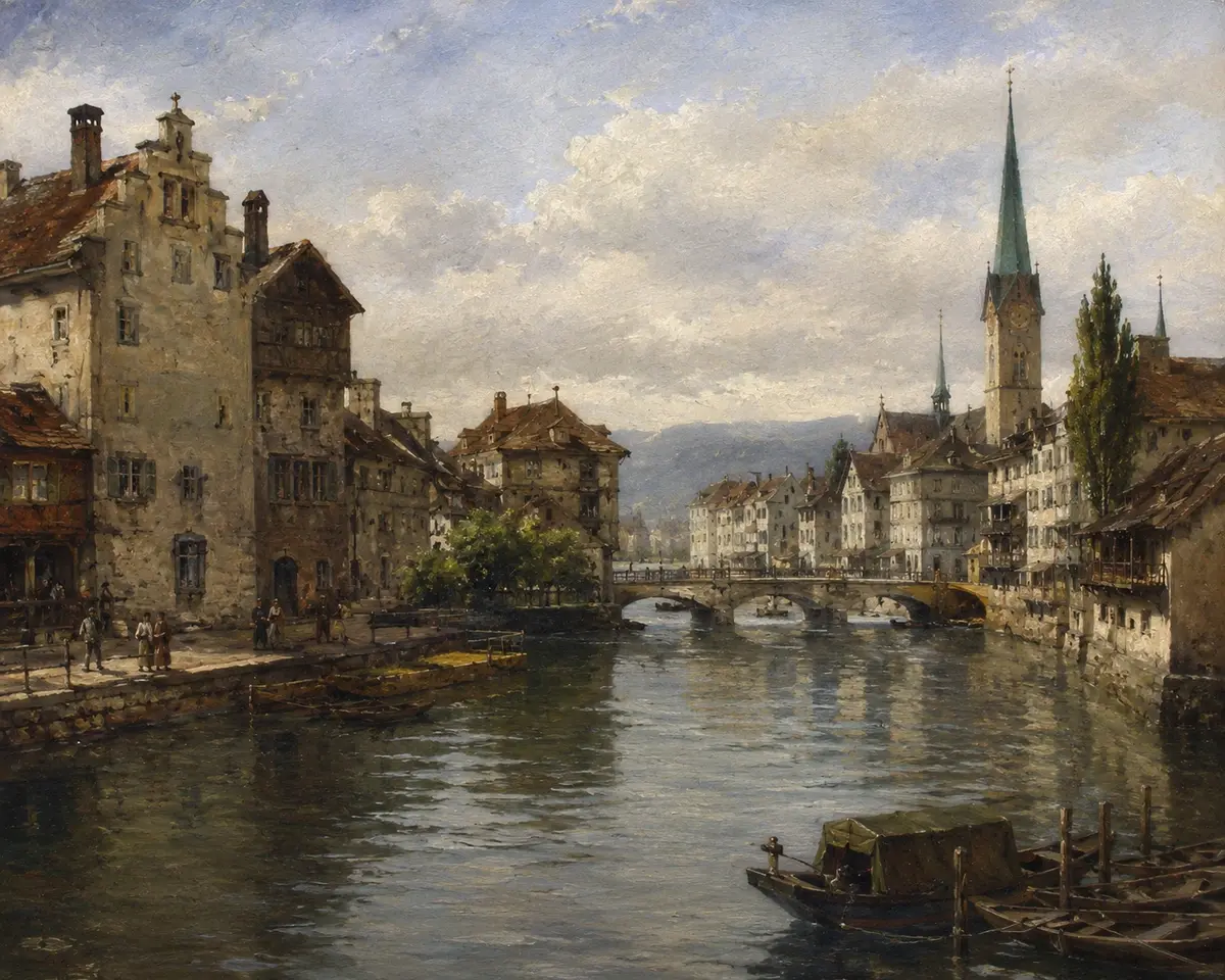 The Limmat River running through the old town of Zurich, Switzerland