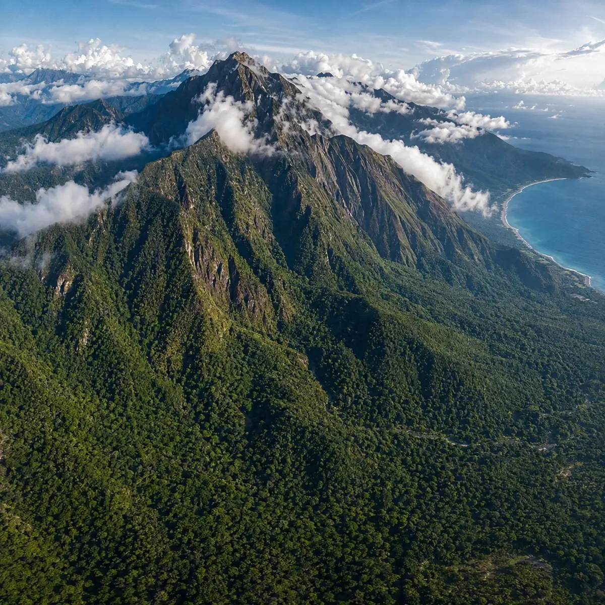 The Sierra Nevada de Santa Marta mountain range rising above the Colombian jungle