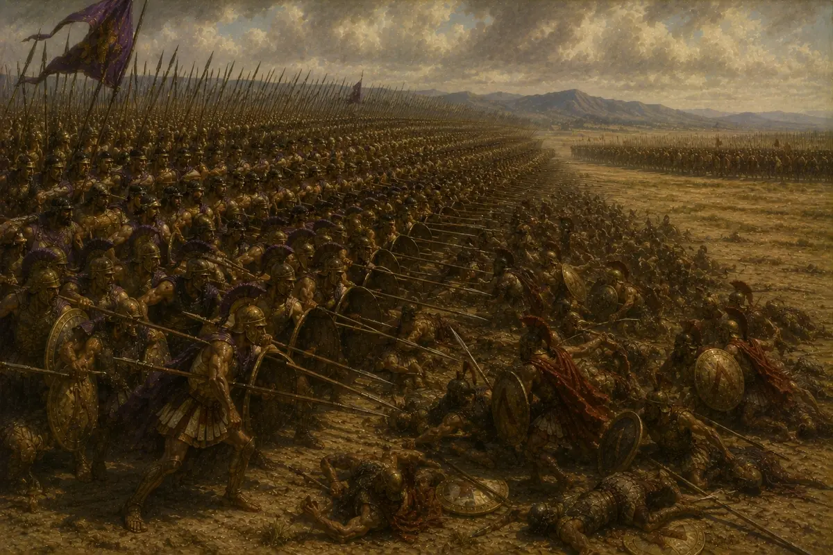 The Theban left wing, stacked fifty ranks deep, drives into the Spartan right while the rest of the Theban line hangs back unengaged.
