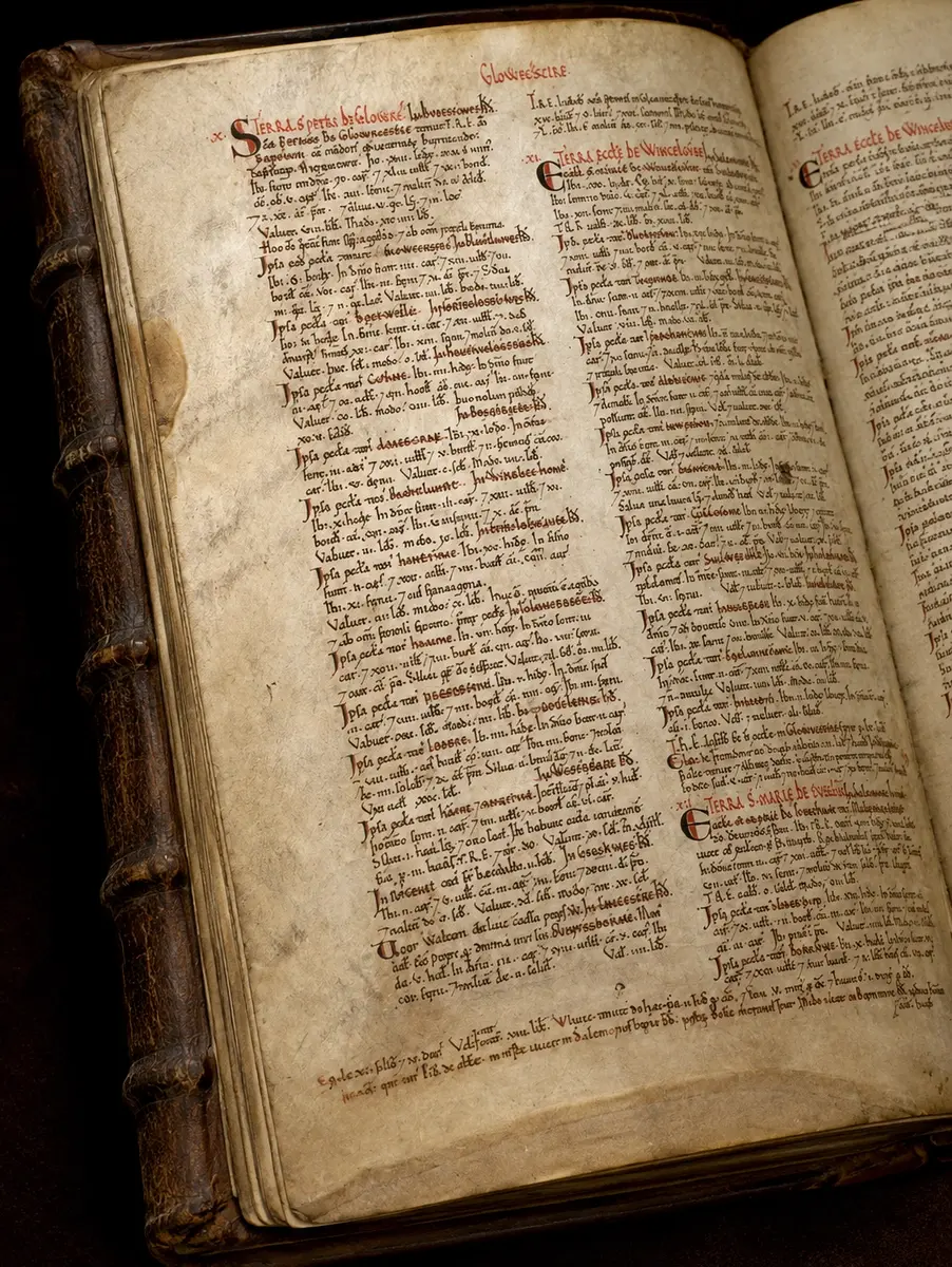 The bound volume of Great Domesday Book with its aged cover and dense parchment pages