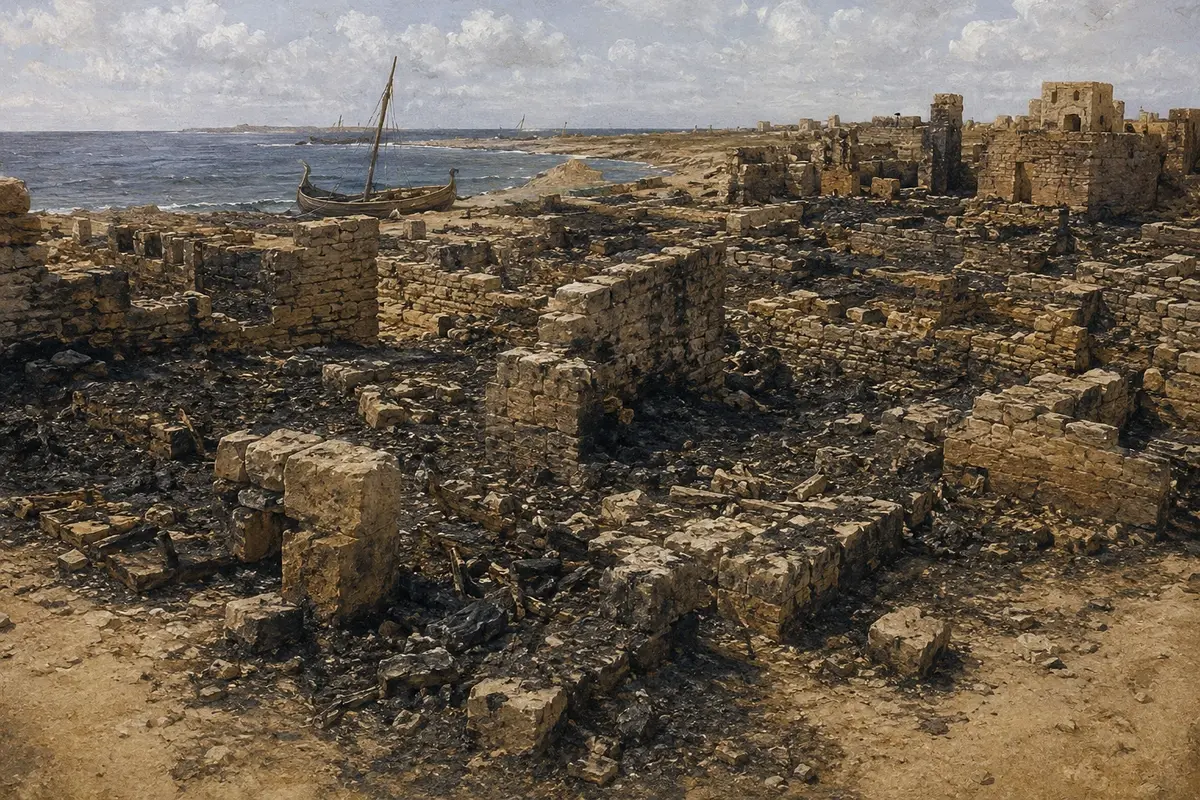 The burned ruins of the ancient port city of Ugarit on the Syrian coast, destroyed during the Bronze Age Collapse