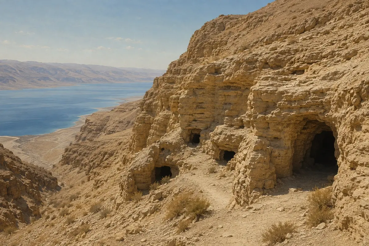 The caves at Qumran overlooking the Dead Sea