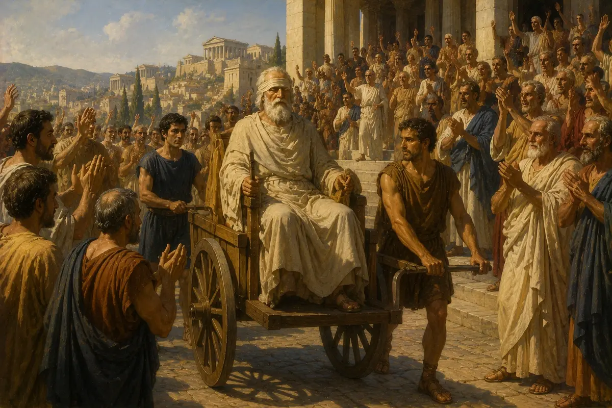 The elderly blind Timoleon is wheeled into the Syracusan assembly in a cart as the citizens rise and applaud him in.