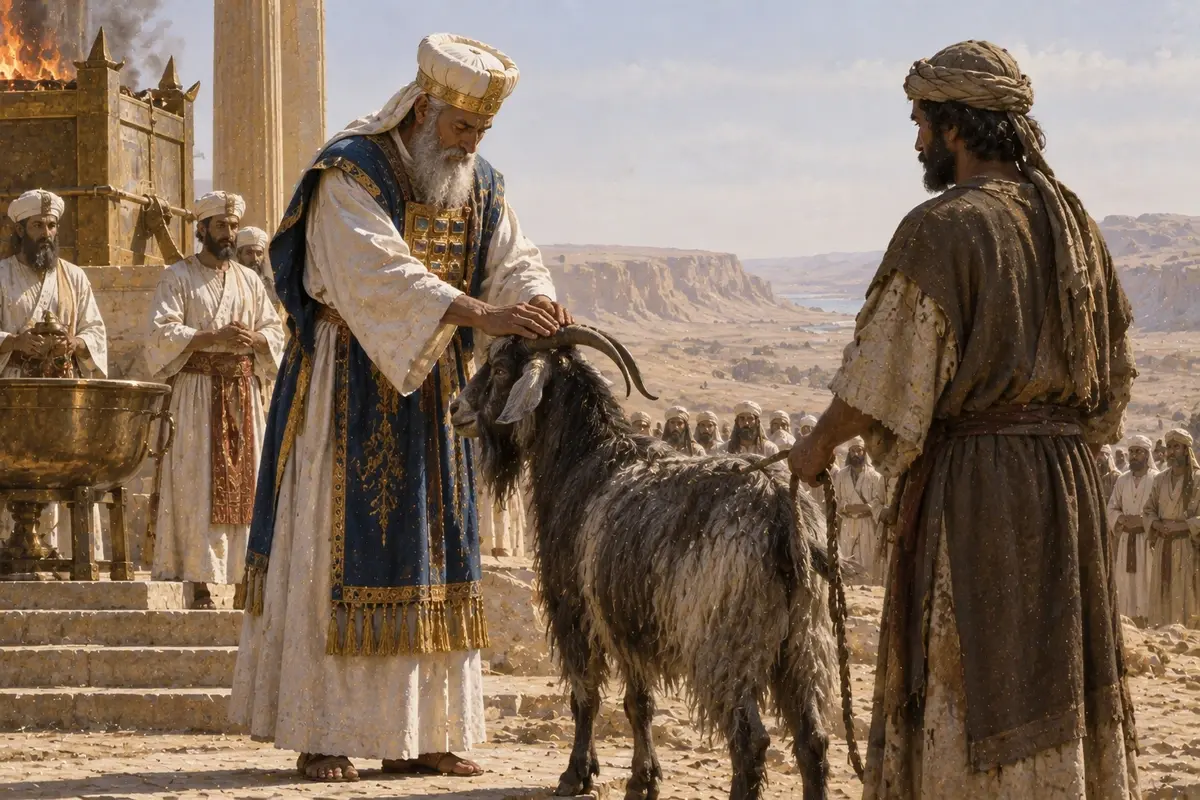 The high priest laying his hands on the head of a goat during the Day of Atonement ritual, before it is sent into the wilderness